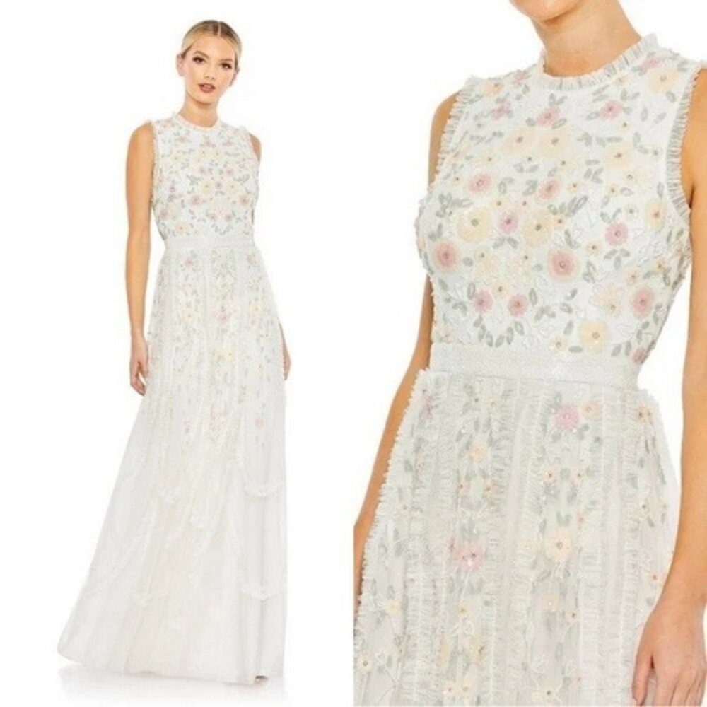 Mac Duggal Ivory Sequin Bead High Neck Sleeveless Floral Ruffle Gow